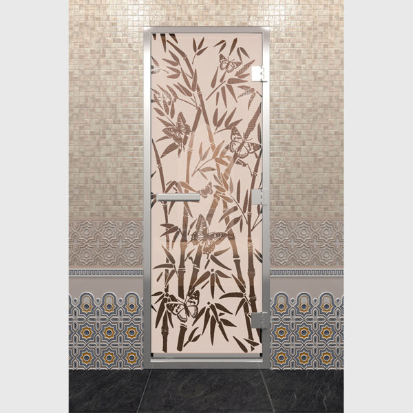 Дверь для хамама Бамбук и бабочки бронза матовое